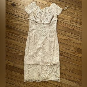 Blush tan cream pink lace tea length party dress vintage size small pencil skirt